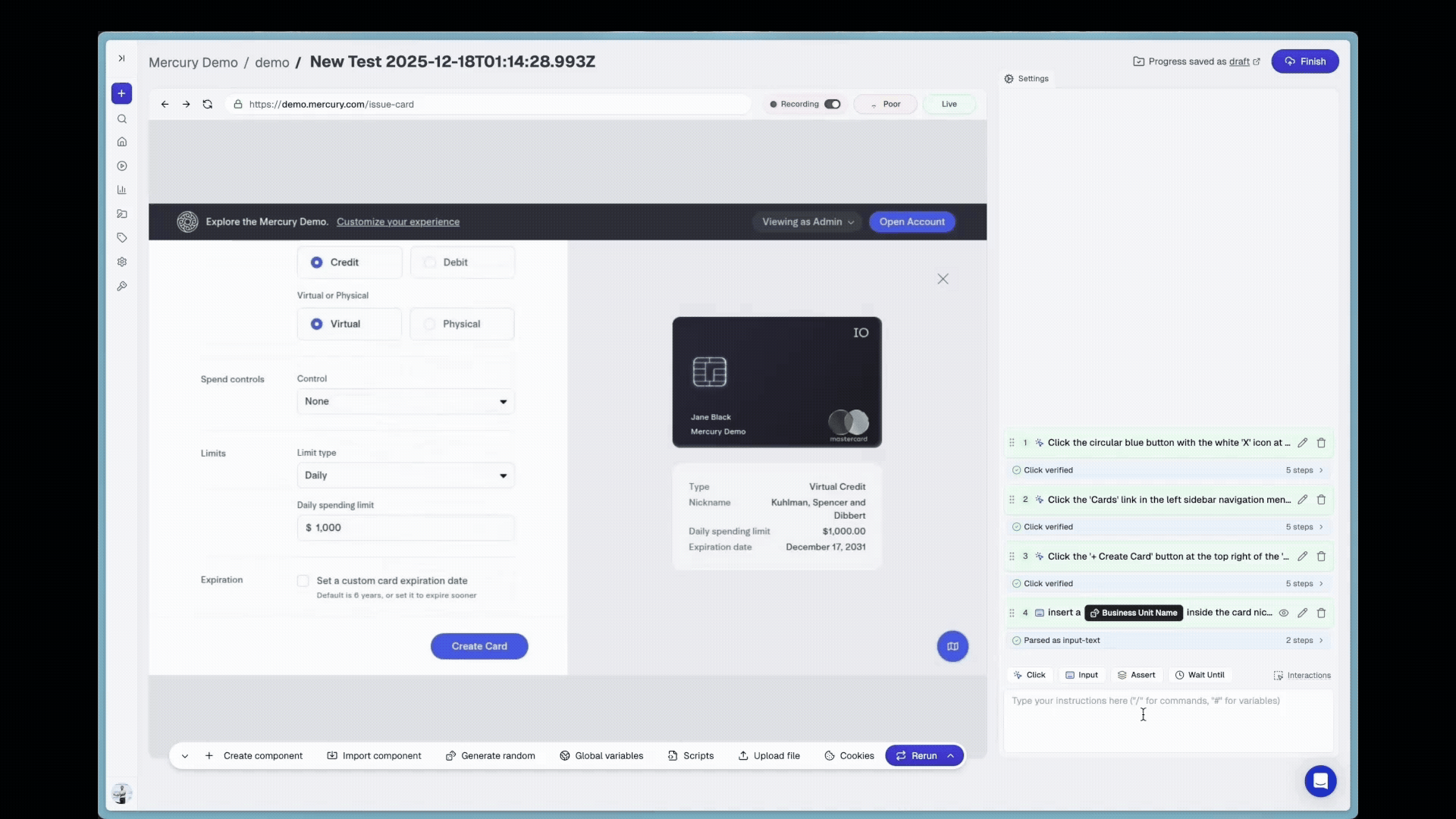 AI test data generation showing multiple randomized test runs with different valid inputs